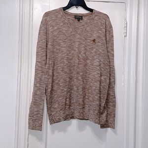 Mens Express Embroidered Logo V-Neck Cotton Sweater Size Large Brown Beige